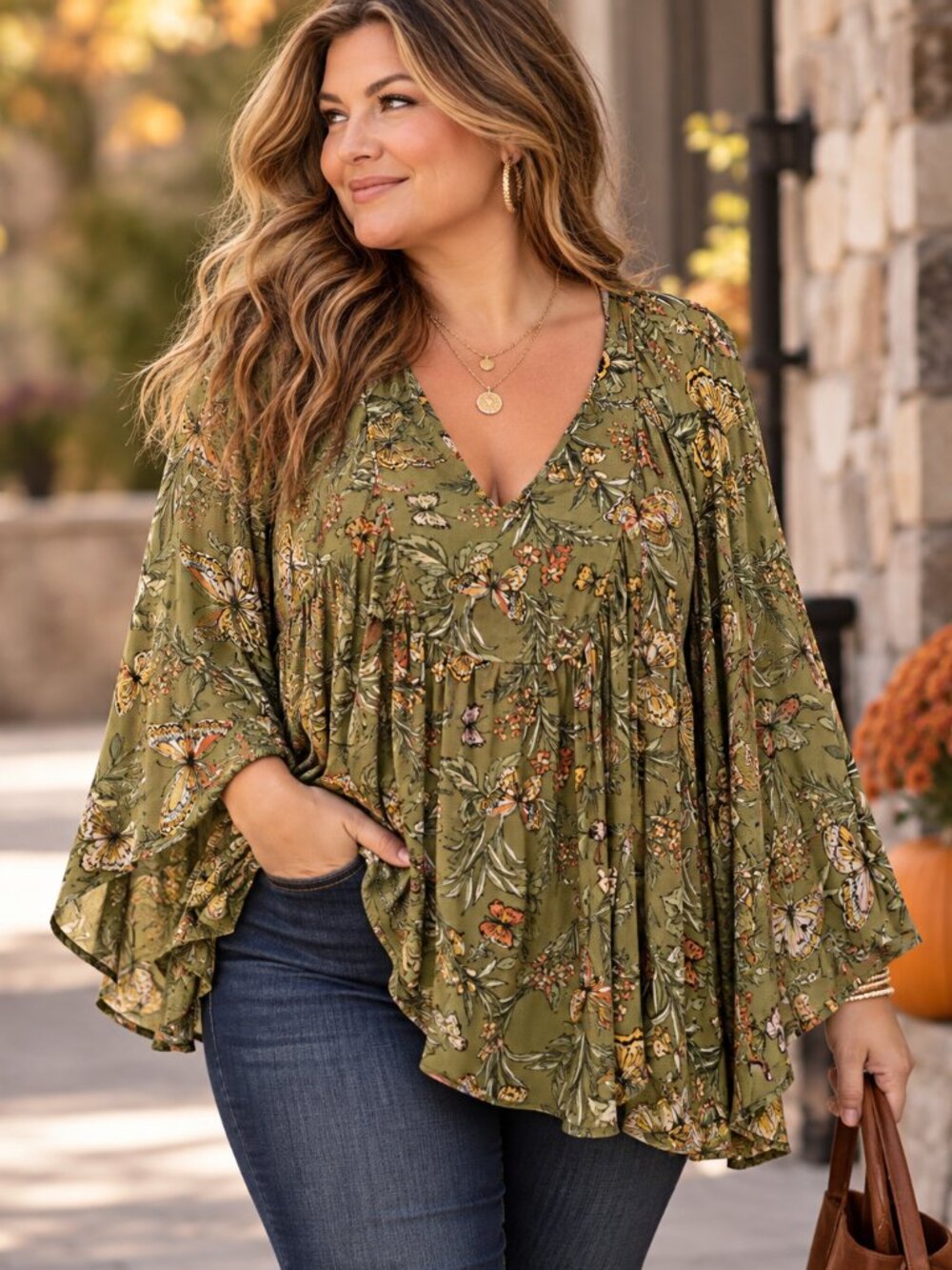 Lane Bryant 14/16 Olive Green Butterfly Floral Artsy Boho Bell Sleeve Blouse